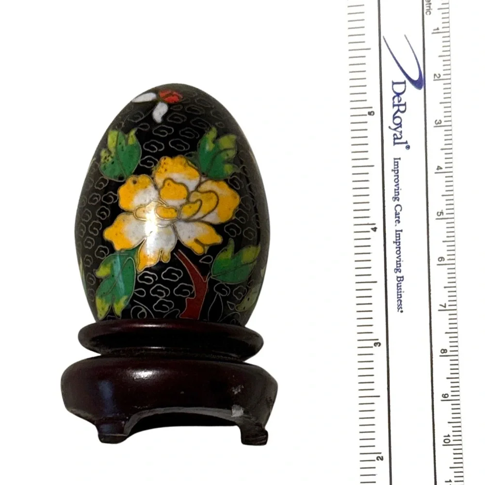 Decorative Black Floral Cloisonné Egg Enamel‎ Wooden Stand Intricate Collectible